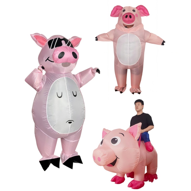 Costumes - 豚に乗って立つ、大人用の可愛いピンク色の豚の着ぐるみ。カーニバルパーティーや面白いパフォーマンスに最適な衣装。