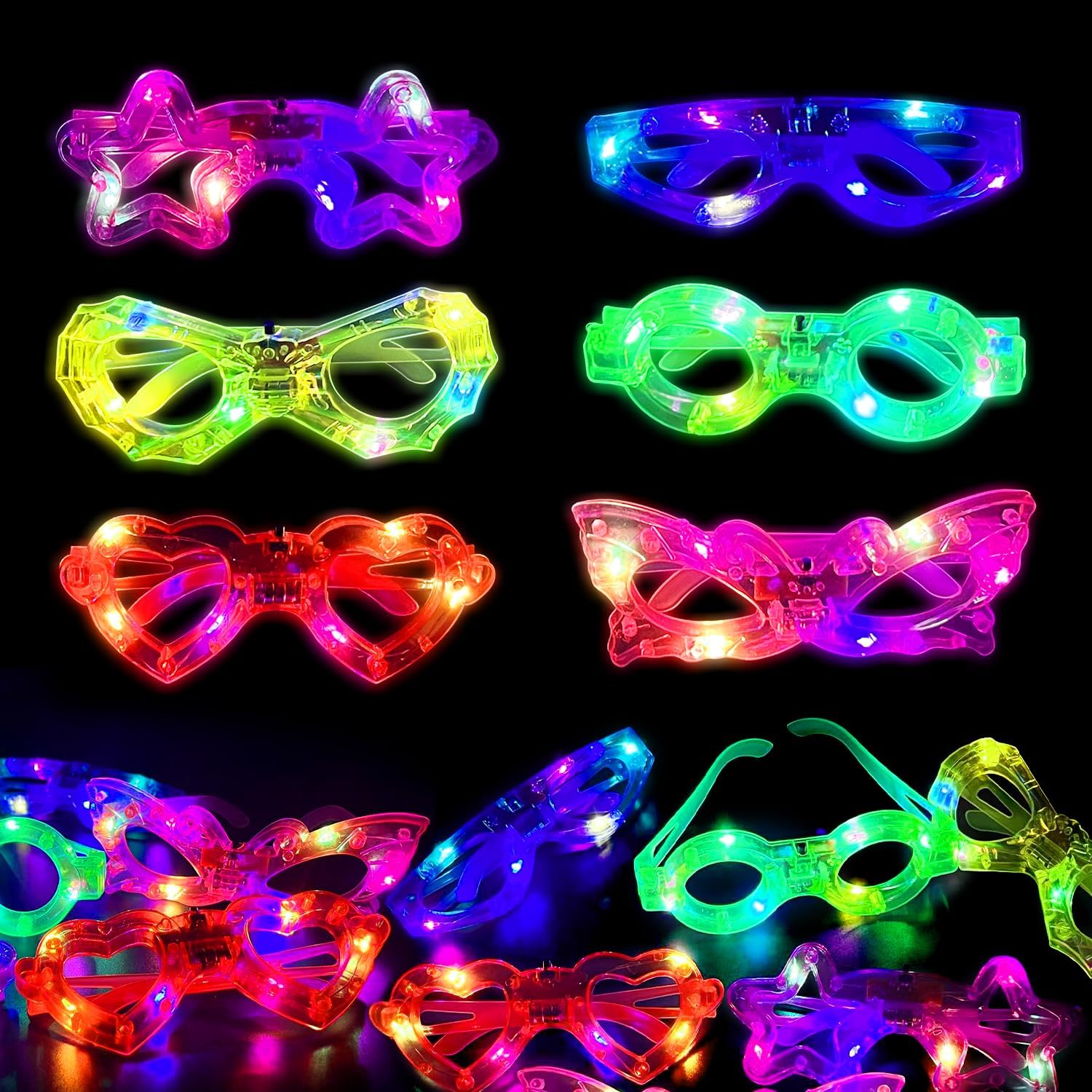 Glow In The Dark Party Glasses - 12個入り LEDライトアップメガネ、暗闇で光るパーティーグッズ。6種類の形状があり、点滅するライトが付いています。誕生日、コンサート、フェスティバル、お菓子袋などに最適です。